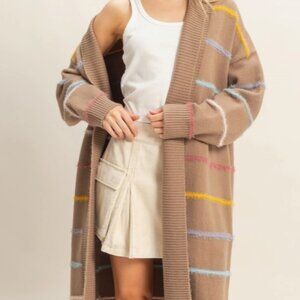 Hyfve Multicolor Striped Open Front Long Cardigan Mocha
